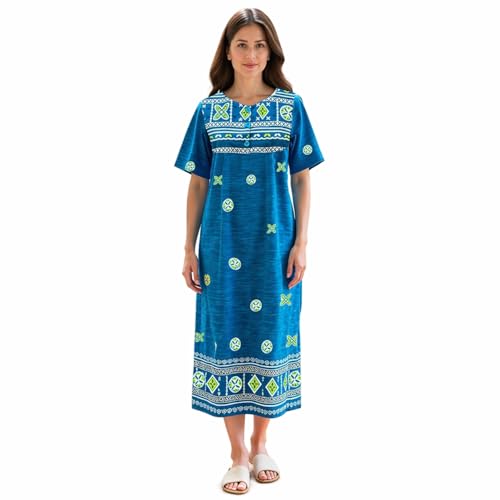 Loungees Border Print Cotton Lounge DressHouse DressCaftan | 3 Button Bib Yoke Short Sleeve product thumbnail 9