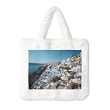 Santorini - Bolso de mano de peluche, diseño isla griega vista mar, gran capacidad, otoño invierno, blanco, talla única, color blanco, talla única, Color blanco., Talla única