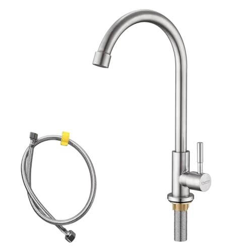 KirlystonE Cold Water Only Kitchen Faucet Solid Stainless Steel Bar Deck Mount Cold Faucet for Outdoor Sink with Supply Line