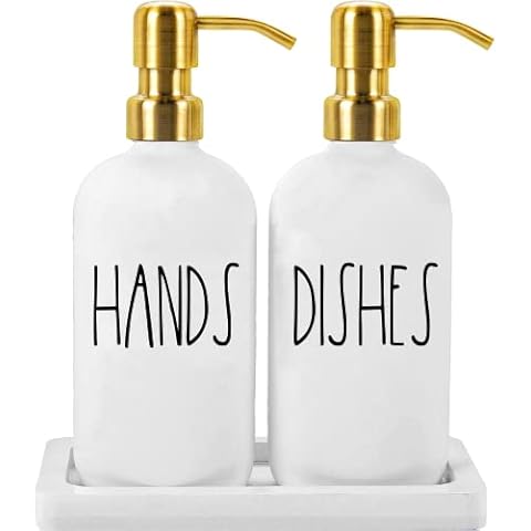 Luxury Gold Soap Dispenser for Kitchen Sink by Brighter Barns - White Glass Kitchen Soap Dispenser Set with Tray & Stainless Steel Pump - Modern Farmhouse Decor, White and Gold Kitchen Accessories Cover