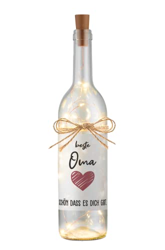 Liebtastisch LED Flaschenlicht mit Spruch "Beste Oma, schön dass es dich gibt" - Geburtstagsgeschenk Beste Oma Geschenk Geburtstag - Flasche mit Lichterkette Flaschenkorken Korken - Inkl. Batterien Cover