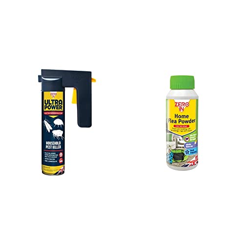 Zero In ZER558 600 ml Ultra Power Household Pest Killer, Blue & ZER024 Home Flea Powder (Treatment for Carpets and Rugs in the Home, Kills Fleas and Larvae, 300 g, Green
