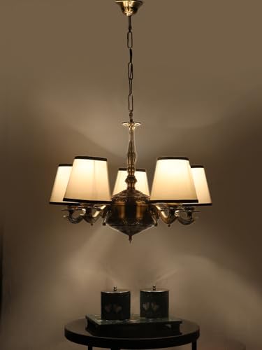 Image of Devansh 05 Lights White & Black conical Cotton Shade with Antique Golden Chandelier