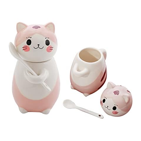 Maygone Cat Ceramic Mug Coffee Mugs with Lid Spoons Gifts for Women,Her,Girls for Mothers Day, Birthday, Pink Cover