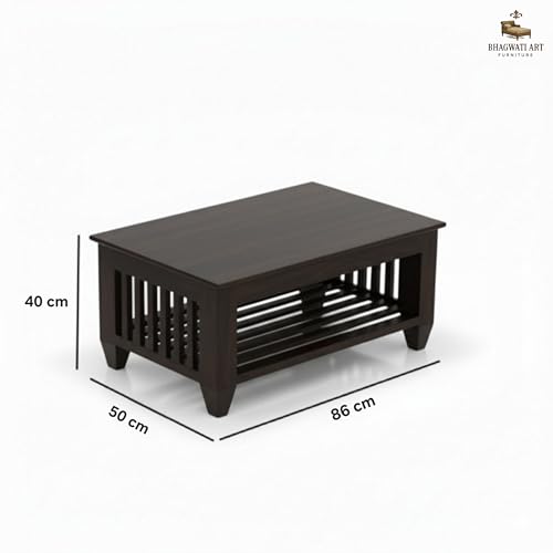Image of Solid Sheesham Wood Coffee Table for Living Room | Wooden Rectangle Coffee /Tea Table with Storage |Center Table with Storage Teapoye for Home, Living Room, Balcony (Walnut Finish)