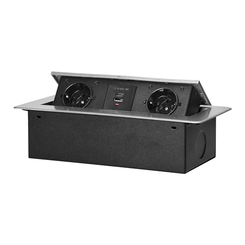 Miratic Regleta Enchufes - Empotrable Mesa - Enchufe Multiple con Borde Plano Fresado Regletas Enchufes con Cargador USB 2 2P+Z (Schuko) 2X USB (typ A+C; 3,6A) - Ideal para Oficina y Hogar