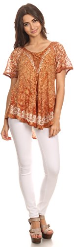 Image of Sakkas Ash Speckled Tiedye Embroidered Cap Sleeve Blouse Top with Embroidery Hems