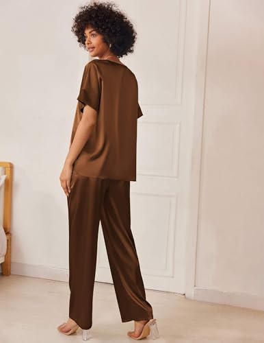 Image of Ekouaer Mens Satin Pajamas Set Button-Down Short /Long Sleeve Shirt Top Soft Silk Sleepwear Loose Pocket Pant Loungewear