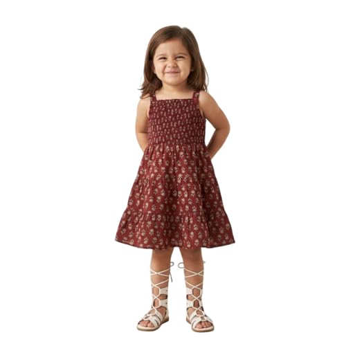 Image of The Magic Wand Kids Girls Printed Casual Dresses, Knee Length Singlet Strap Fit & Flared Cotton Once Piece Stylish Frocks for Summer Season