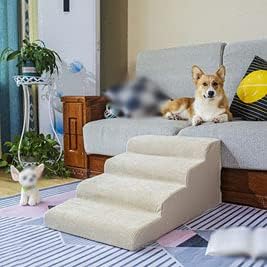U/D Pet Stair Steps, Dog Climbing Bed Ladder, Removable and Washable Sponge+Corduroy Multiple Colour Indoor pet Stairs for Large Dogs,Beige,80x50x35cm