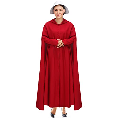 Handmaid Offred Cosplay Costume Outfit,Women Red Hooded Cape Cloak with White Bonnet for Halloween Party2