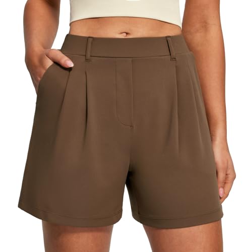 Heathyoga Stretchy Dress Shorts for Women Pull On Womens Shorts Dressy Casual High Waisted Summer Work Shorts Business Casual Brown