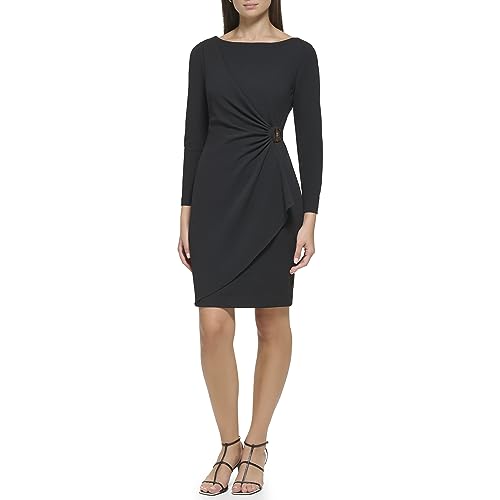 Image of DKNY Women's Long Sleeve V-Neck Side Ruched Sheath Dress with Hardware