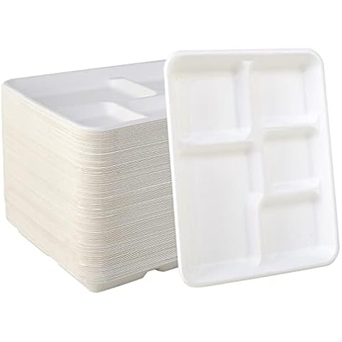 Vplus 500 Pack 5 Compartment Plates, 100% Compostable Paper Plate, 10.25 * 8.5 inch Disposable School Lunch Trays, Eco-Friendly Bagasse Plates for School Lunch, Buffet, and Party, Perfect for Kids Cover