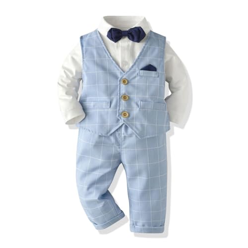 Image of Baby Boys Gentleman Suit, Toddler Formal Waistcoat Outfit Wedding Shirts + Vest +Bow Tie 4 PCS Set(18-24 Months,Blue Plaid,Tag Size 90)