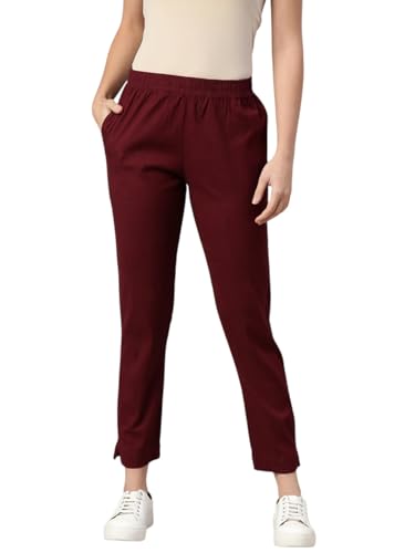 Image of MINELLI Women Solid Cigar Pants, Cotton Lycra Slub Fabric, Elasticated Waistband, Pull On Style, Regular Fit Bottom Wear for Western and Ethnic Wear