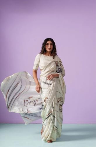 Image of Designer White Silk Crepe Saree with Digital Print Tiger Pattern, 6.30 Meter Length, With Blouse Piece
