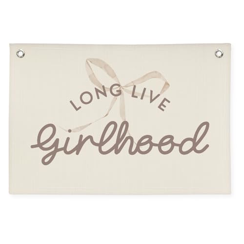 Image of Cute Girls Room Decor，Long Live Girlhood Pink Coquette Girl Nursery Playroom Wall Hanging Linen Banner, Baby Girls Nursery Decor Toddler Teen Kids Bedroom Decorations,Newborn Gift 30x20 girlroom