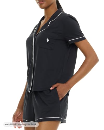 Image of U.S. POLO ASSN. Summer Pajamas for Women Set - Short Sleeve Button Up Top and PJ Shorts - Bridesmaid Lounge Sets for Women