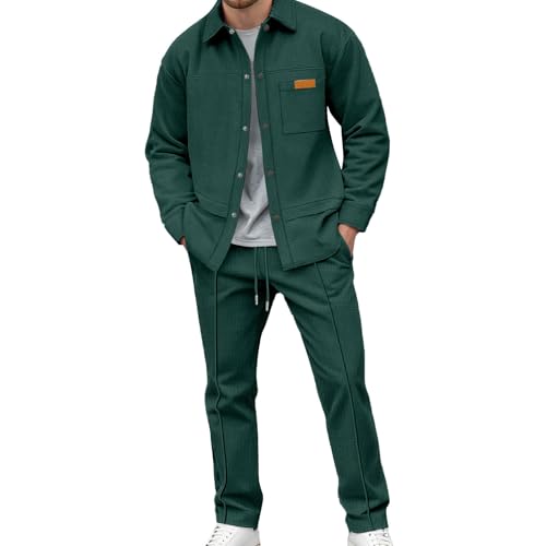 Tobysper Traje de ocio para hombre Chándal 2 Set Chándal Running Chándal Cardigan Manga Larga Chaqueta Solapa Sudadera Pantalones Deportivos Traje Deportivo Otoño, verde, S