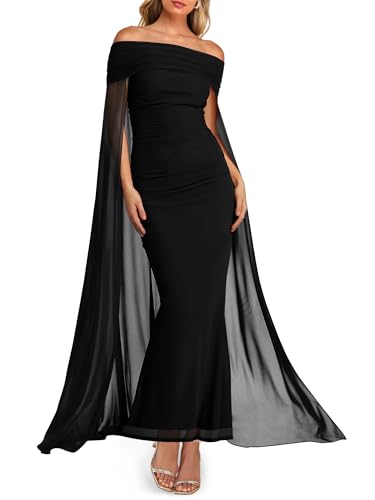 Lrady Wedding Guest Dresses for Women Sexy Off The Shoulder Elegant Formal Cocktail Maxi Dress with Cape, Black, Medium