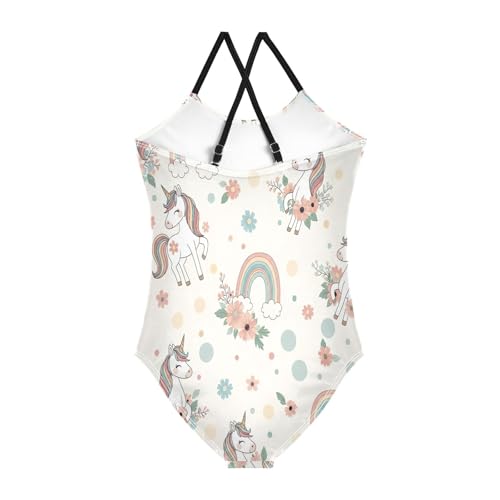 Unicorns Rainbow Manes Tails One Piece Girls Swimsuit with Adjustable Shoulder Strap, Beach Bathing Suits Girls, 3-102