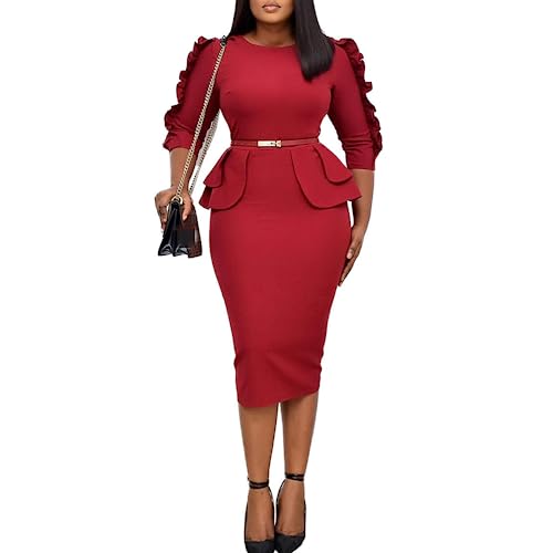 Long Dress Women Women Plus Size Midi Pencil Dress Ruffle Party Club Cocktail Bodycon Wrap Dresses Crew Neck