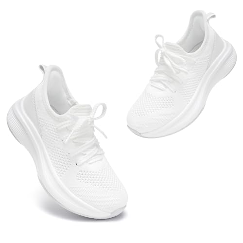 Stelle Girls Sneakers Kids Tennis Running Walking Shoes Slip-On Athletic Non Slip Lightweight Breathable Sport Shoes for Little/Big Kid(White 13ML)