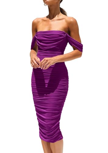 PRETTYGARDEN Summer Off The Shoulder Ruched Bodycon Dresses Sleeveless Sexy Party Club Midi Dress