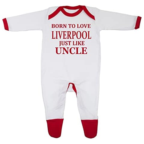 'Born To Love Liverpool Just Like Uncle' Baby Boy Girl Sleepsuit 100% Fine Combed Cotton (0-3 Months, White/Red Trim) Cover