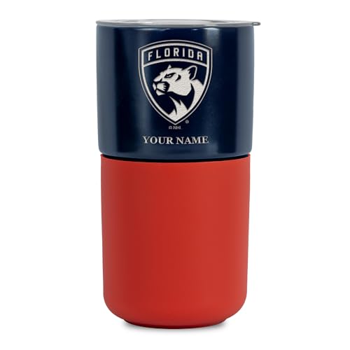 Rico Industries NHL Florida Panthers Personalized 16oz Navy Ceramic Tumbler with Red Silicone Grip, Deep Laser Engraved Logo, Travel Coffee Mug with Slide Lid, Matte Glaze