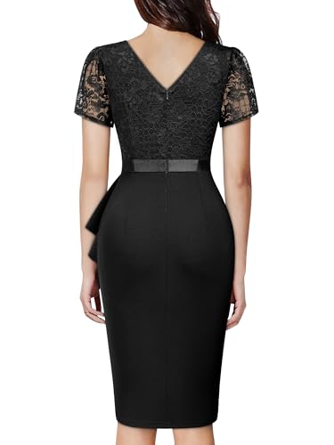 Image of Miusol Women's Elegant Scoop Neck Puff Sleeve Floral Lace Ruffle Style Cocktail Party Dress