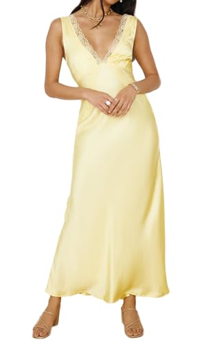 BAGONE Summer Satin Lace V Neck Backless Wedding Guest Maxi Dresses for Women Elegant Sleeveless Open Back Cocktail Dress
