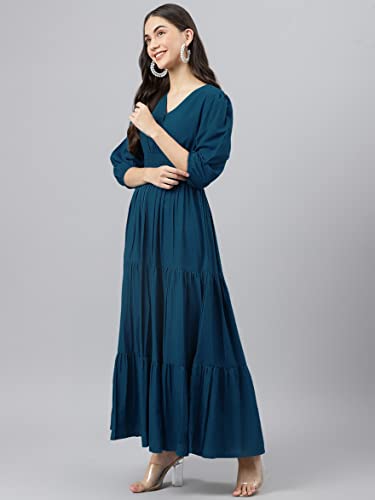 Image of Femvy Women's Fit and Flare Maxi Dress Rayon 3 /4 Sleeve Solid V-Neck Evening Dress 751