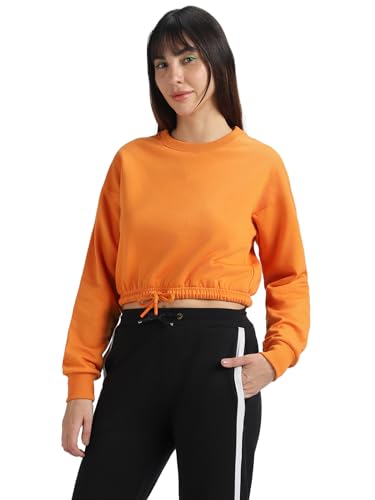 Image of JUNEBERRY Cotton Poly Fleece Regular Fit Pink, Purple Green & Orange Solid Full Sleeve Sweatshirt for Women
