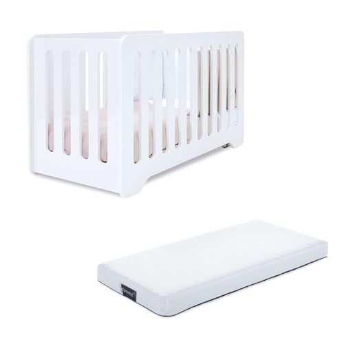 Alondra Cuna Bebe Madera con Colchon Blanca - Set 2-Piezas. Cuna para Bebe con Ruedas de 60x120, Altura Regulable, Uso de 0 a 3 años (con colchón Incluido)