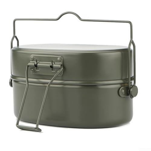 Juego de cocina de aluminio para exteriores, fiambrera de 1 litro para acampar con vaporera y sartén (verde)