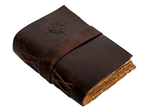 Compass Vintage Leather Journal - Antique Handmade With Lock Leather Bound journal with deckle edge paper for Men And Women Diary - Leather Sketchbook - Drawing Journal Notebook - Great Gift (Vintage Brown,8"x6")