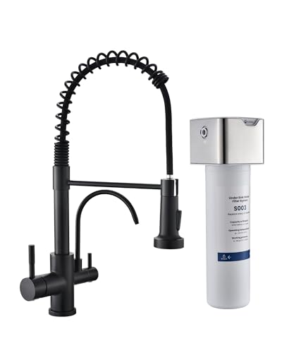 Image of GIMILI 3 in 1 Kitchen Faucet with Pull Down Sprayer Matte Black Two Handle Kitchen Sink Faucet with Under Sink Water Filter System Reduces PFAS, PFOA /PFOS, Lead, Chlorine, Bad Taste & Odor
