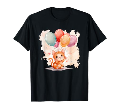 高揚する日のための風船のグラフィックを持つ猫 Tシャツ