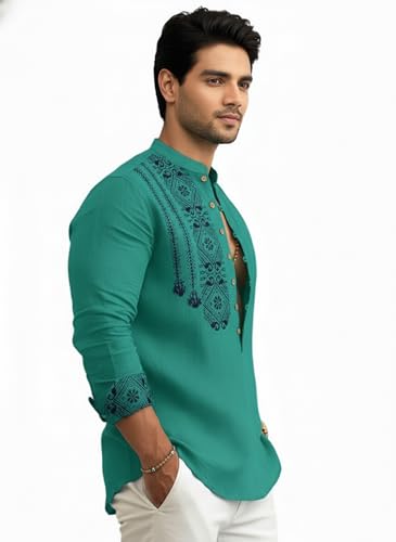 Image of Amazon Brand - INKAST Men's Cotton Blend Mandarin Collar Self One Design Full Sleeve Casual Short Kurta