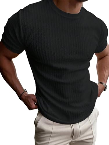 Image of Men's Textured Rib Knit T-Shirt | Premium Stretch Fabric | Crew Neck | Half Sleeve | Slim Fit Casual Solid T-Shirt for Men