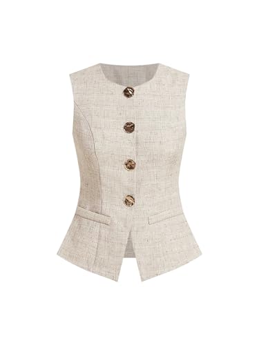 SOLY HUX Women's Button Up Blazer Vest Elegant Crew Neck Sleeveless Work Office Waistcoat