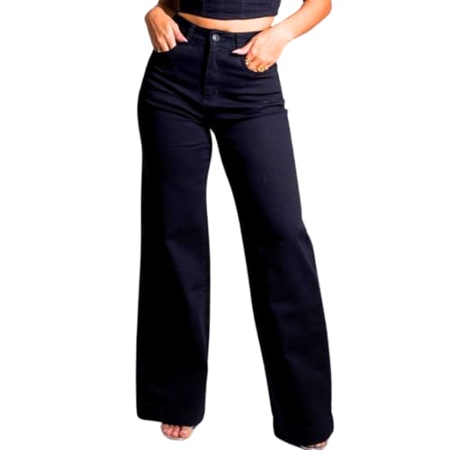 Sawary Calça Sarja Jeans Wide Leg Cintura Alta Com Elastano Premium (BR, Numérico, 40, Preta)