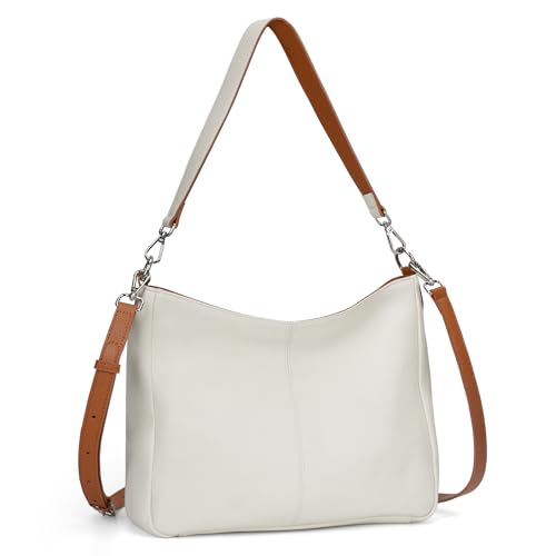 befen Women's Genuine Leather Handbag Soft Hobo Tote Shoulder Bag Medium Size with 2 Shoulder Straps - Simple, Classic, Elegant, Beige/Brown, M