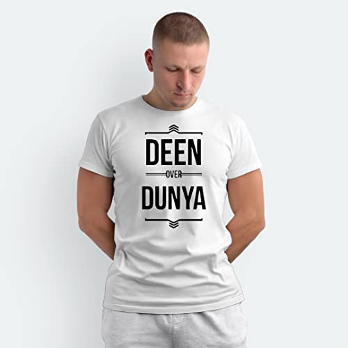 Image of Islamic T-Shirt 'Deen Over Dunya' Printed Self Design Round Neck Half Sleeves White T-Shirt for Men