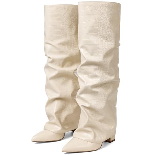 Image of SaraIris Women's Slouchy Knee High Boots - Black, Pointed Toe, Fold Over, Chunky, Shark Boots