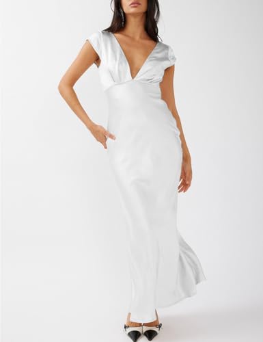 Image of Halfisland Womens Summer Satin V Neck Cap Sleeve Midi Dress Wedding Guest | 2026 Summer,Backless,Hollow Out,Long,Formal,Cocktail,Twist,Bridesmaid,Party,Baby Shower,Short Sleeve,Beach,Elegant,Evening