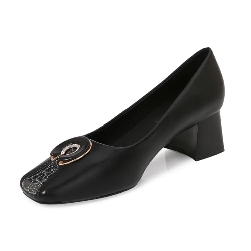 Women's Square-Toe Pumps, Low Block Heels, Slip-in, Suitable for Work, Office, Casual Dress Pumps