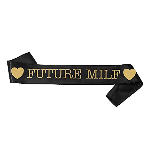 Black Baby Shower Sash”Future Milf” with Cute Hearts for Mom to Be, Baby Girl Princess or Boy Prince (Gold Lettering) Baby Shower Party Decorations, Gifts, Favors, Funny Mommy to Be, Gender Neutral